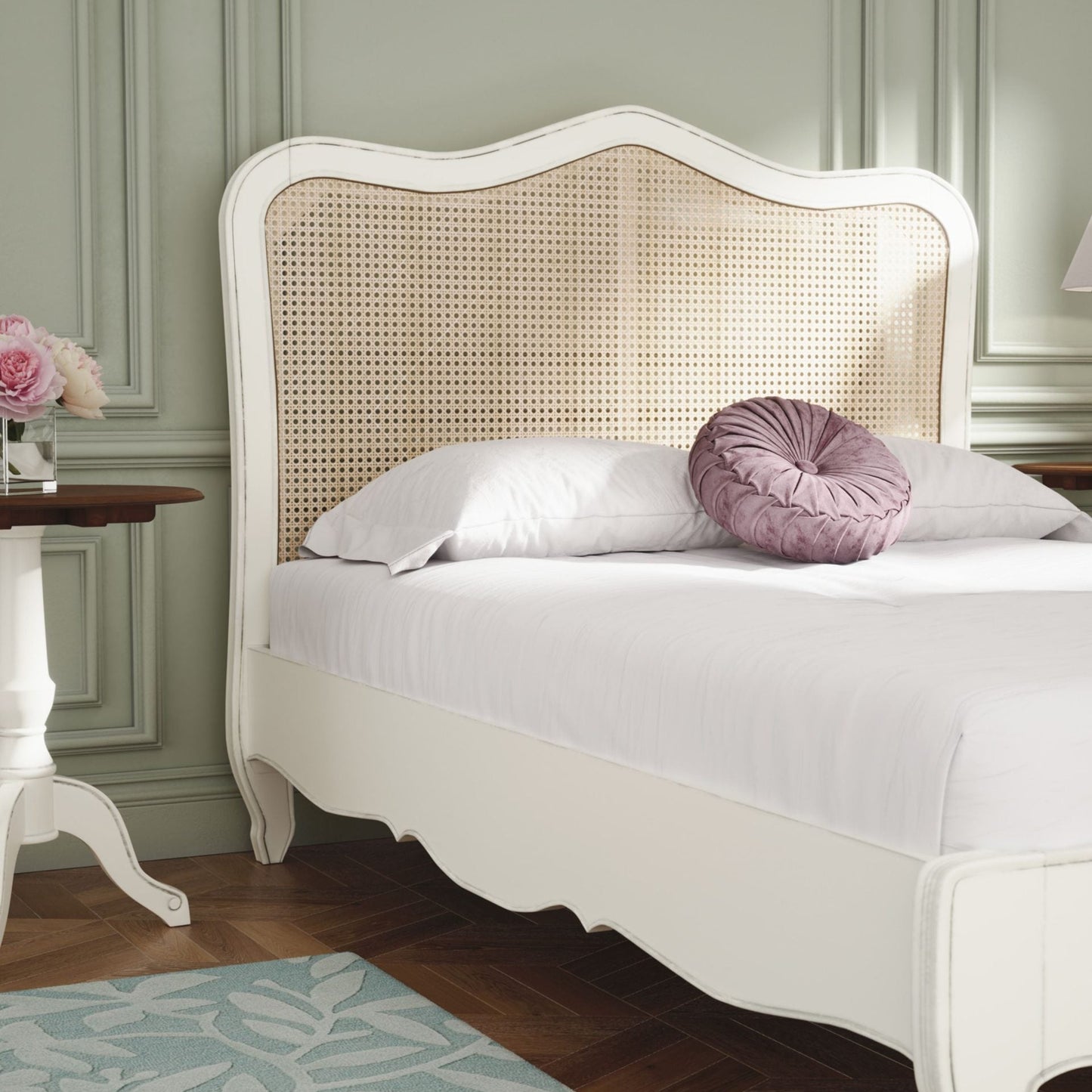 Laura Ashley Montpellier 6ft super king Bed frame in Ivory with curved French styling, rattan panel detailing and elegant cabriole legs