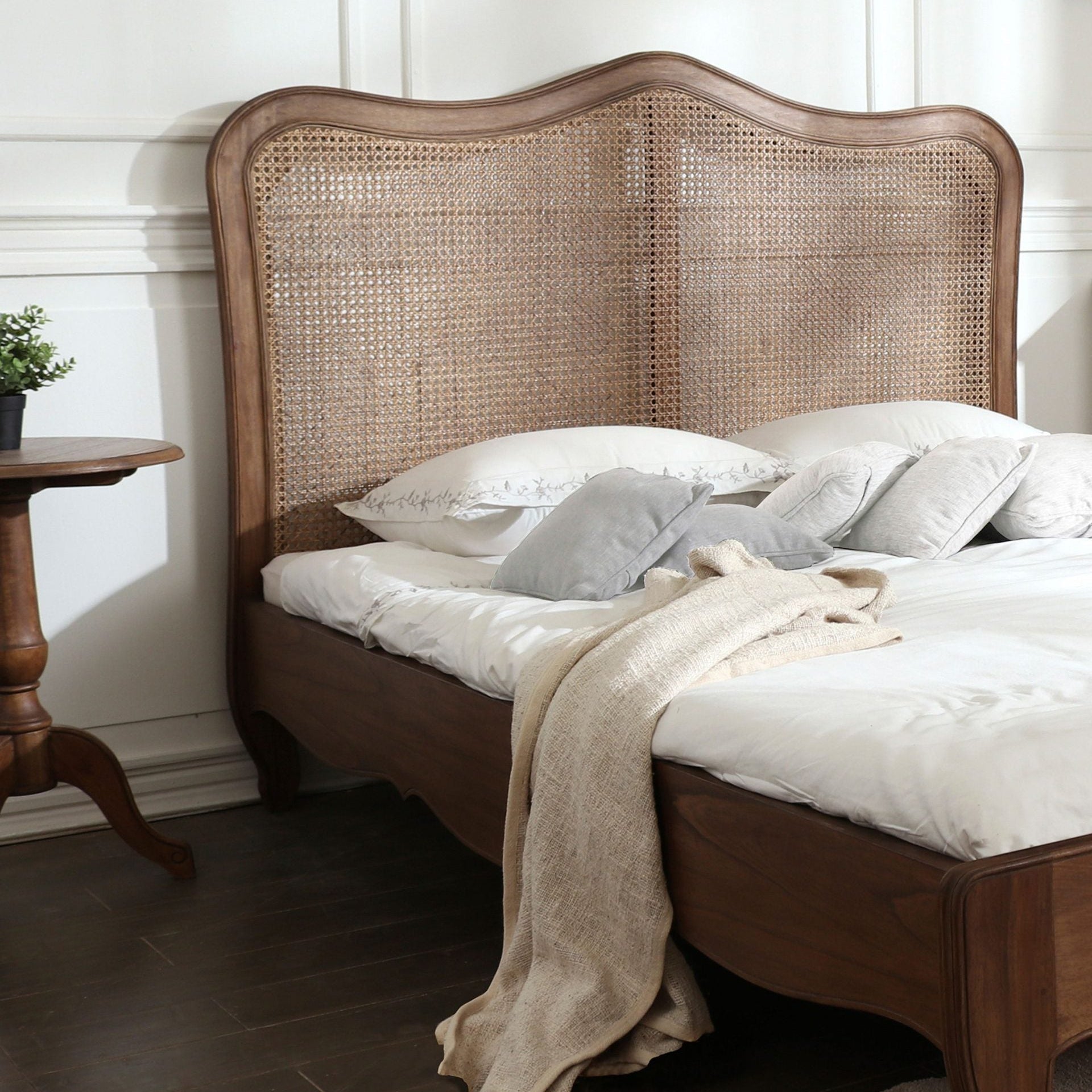 Laura Ashley Montpellier 6ft Superking Bed Frame in Walnut wood with a rattan headboard and curved French styling 