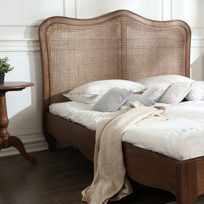 Laura Ashley Montpellier 6ft Superking Bed Frame in Walnut wood with a rattan headboard and curved French styling 