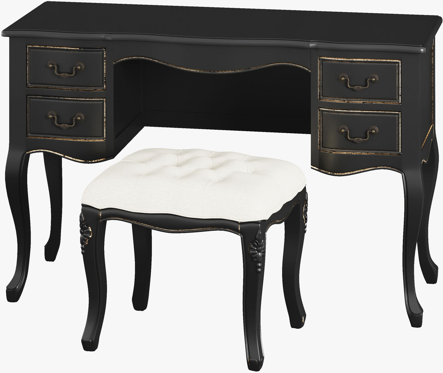 Laura Ashley Montpellier Dressing Table and matching Stool Set in Black with distressed gold trim and 4 spacious drawers 