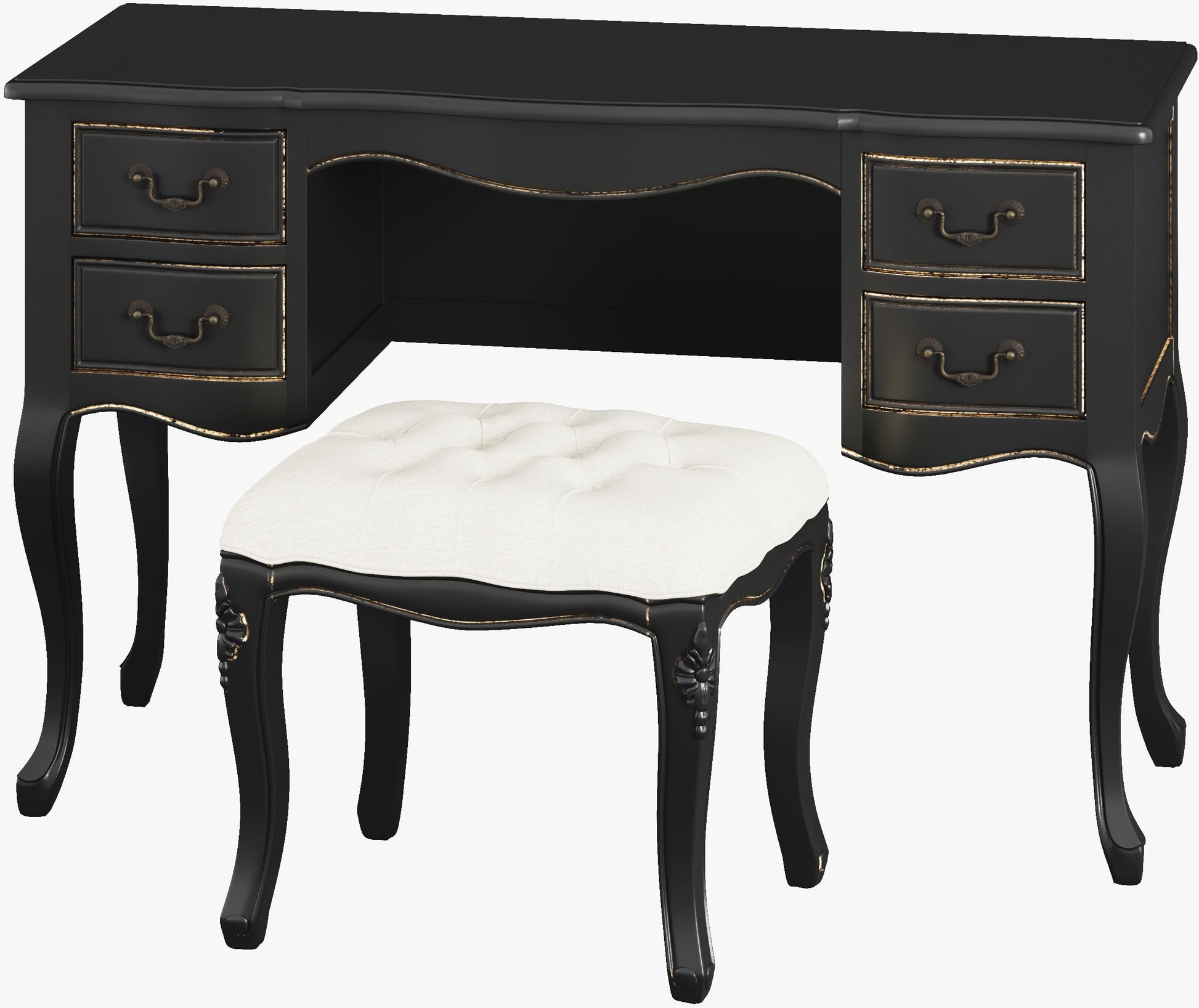 Laura Ashley Montpellier Dressing Table and matching Stool Set in Black with distressed gold trim and 4 spacious drawers 