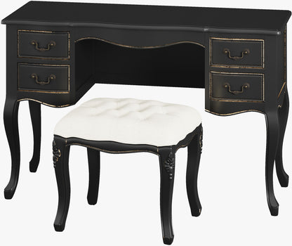 Laura Ashley Montpellier Dressing Table and matching Stool Set in Black with distressed gold trim and 4 spacious drawers 