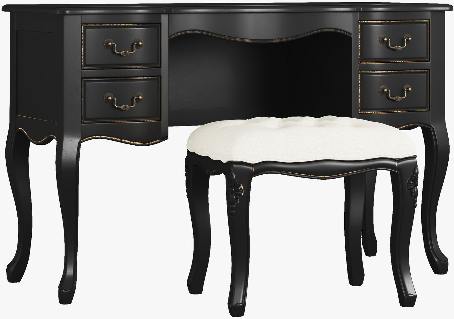 Laura Ashley Montpellier Dressing Table and Stool Set in Distressed Black finish with elegant French styling