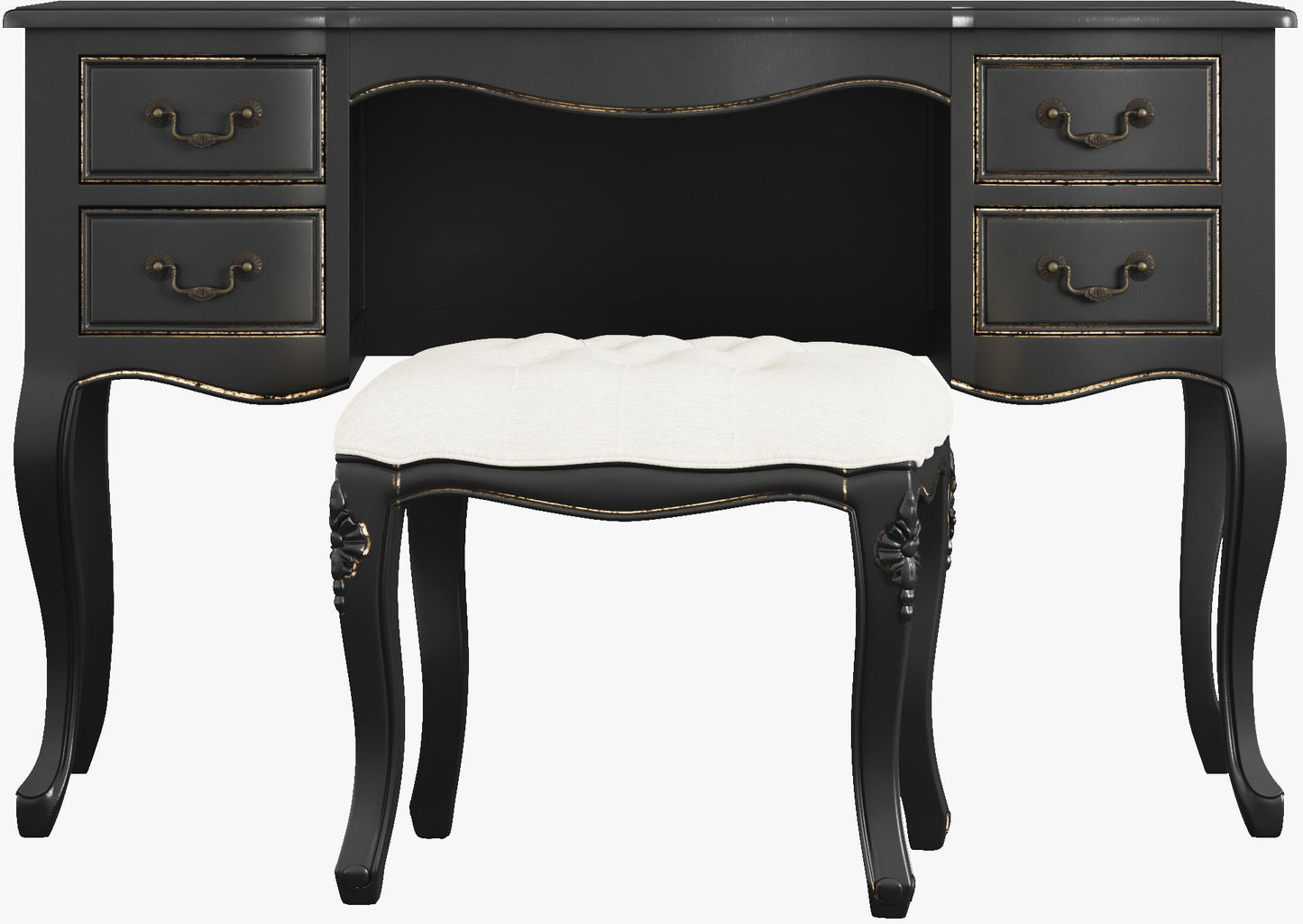 Laura Ashley Montpellier Dressing Table and Stool Set in Black with distressed gold trim and a matching upholstered stool