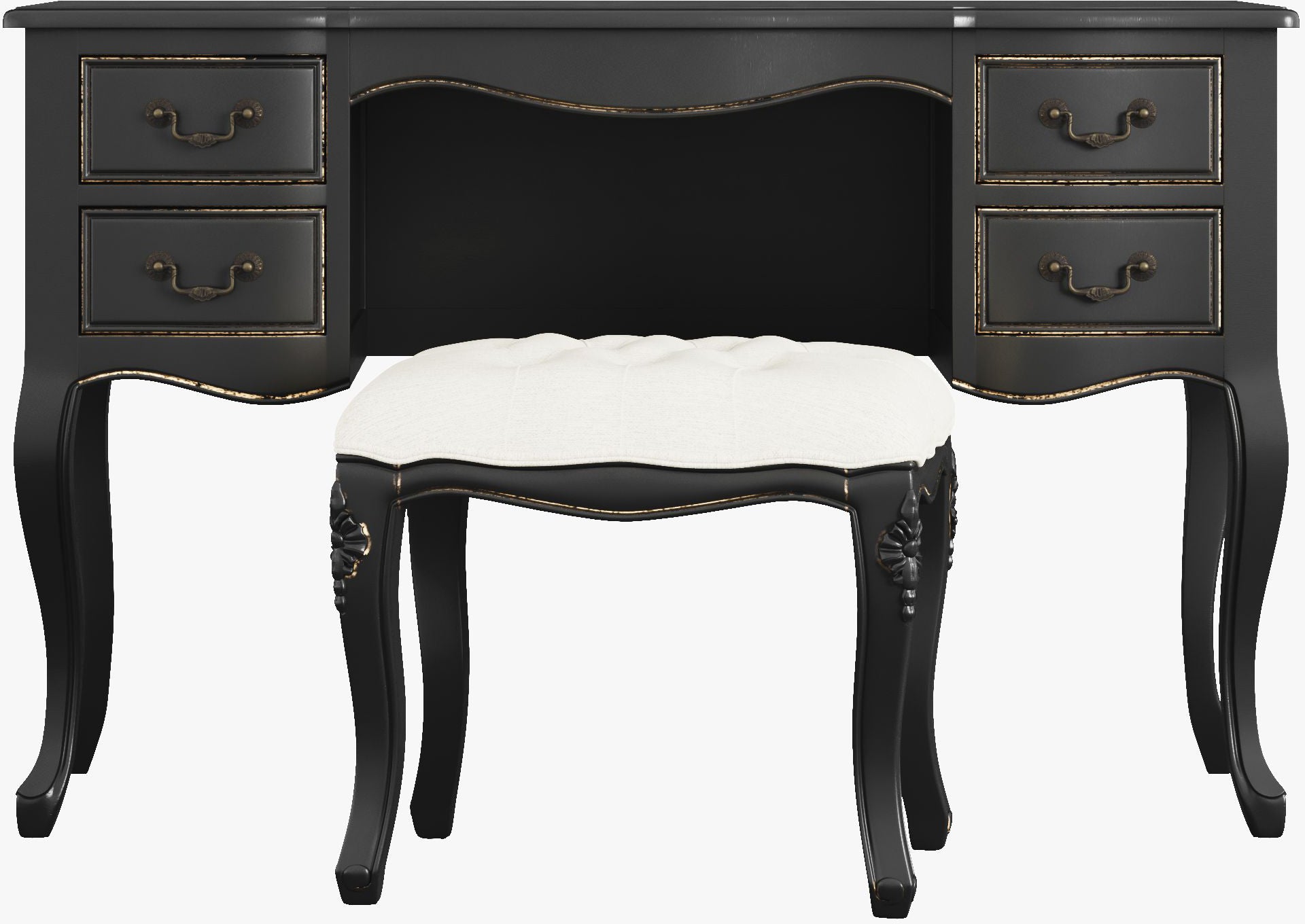 Laura Ashley Montpellier Dressing Table and Stool Set in Black with distressed gold trim and a matching upholstered stool