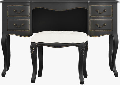 Laura Ashley Montpellier Dressing Table and Stool Set in Black with distressed gold trim and a matching upholstered stool
