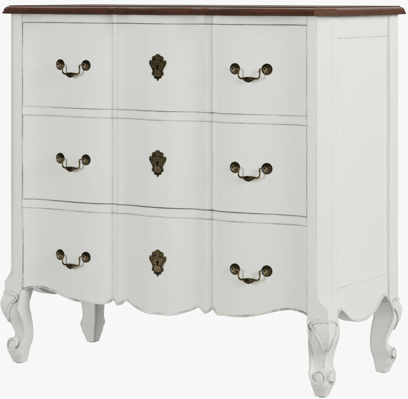 Laura Ashley Montpellier 3 drawer chest in Ivory with walnut wood top and decorative brass handles