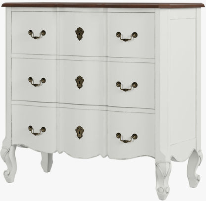 Laura Ashley Montpellier 3 drawer chest in Ivory with walnut wood top and decorative brass handles