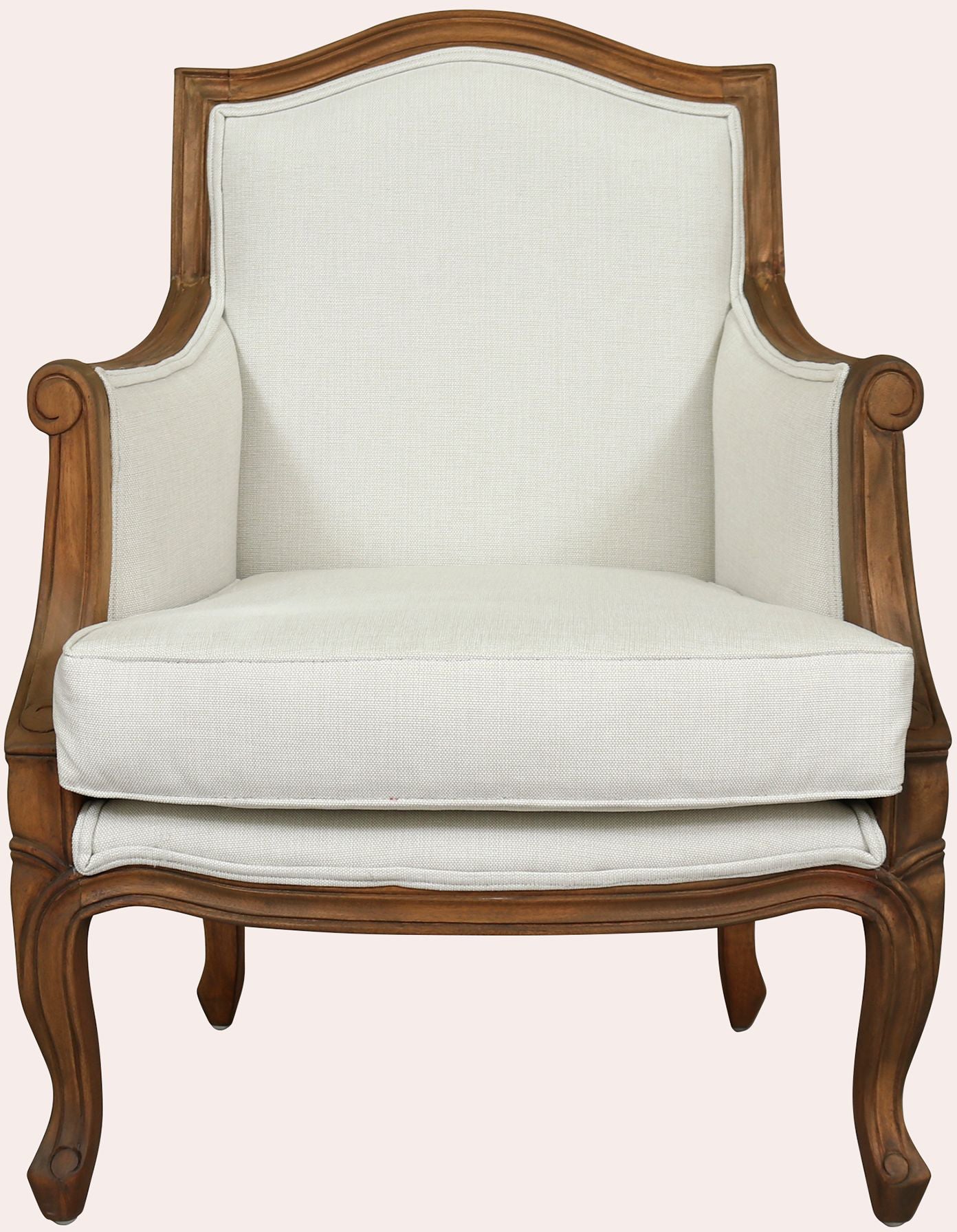 Laura Ashley Montpellier Lounge Chair with walnut wood frame and curved French cabriole legs, beautiful neutral coloured upholstery