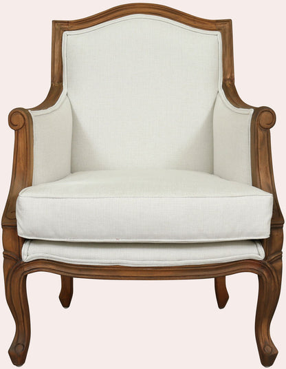 Laura Ashley Montpellier Lounge Chair with walnut wood frame and curved French cabriole legs, beautiful neutral coloured upholstery