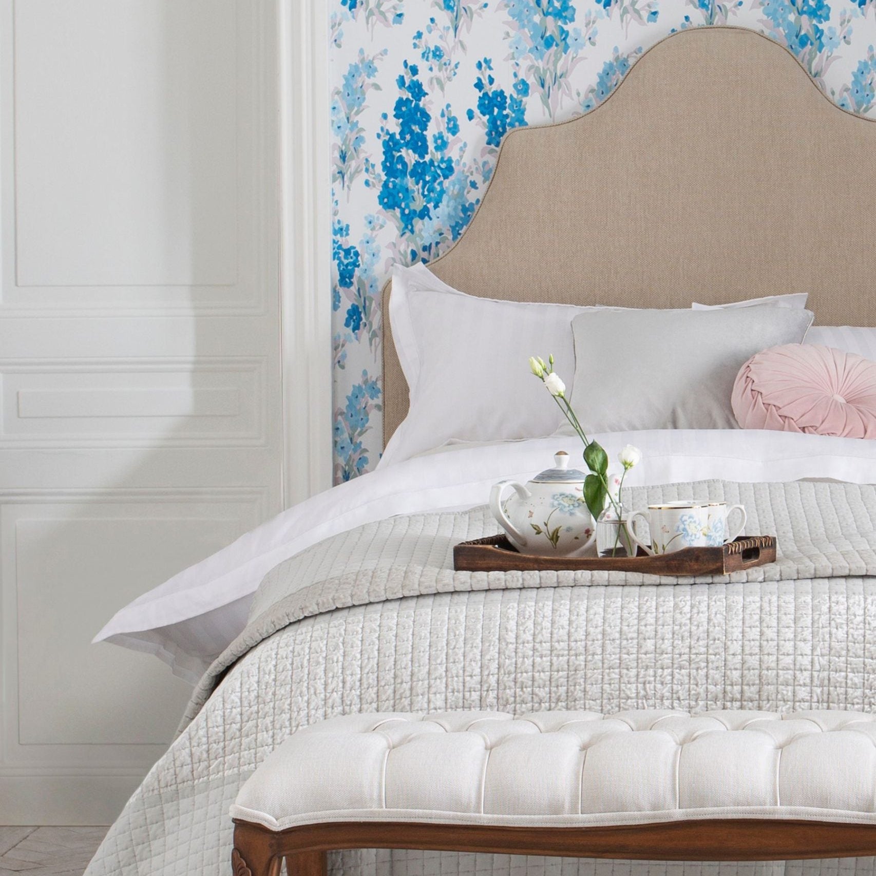The Montpellier Upholstered Bench from Laura Ashley is a luxurious piece of furniture that complements this bedroom collection perfectly  