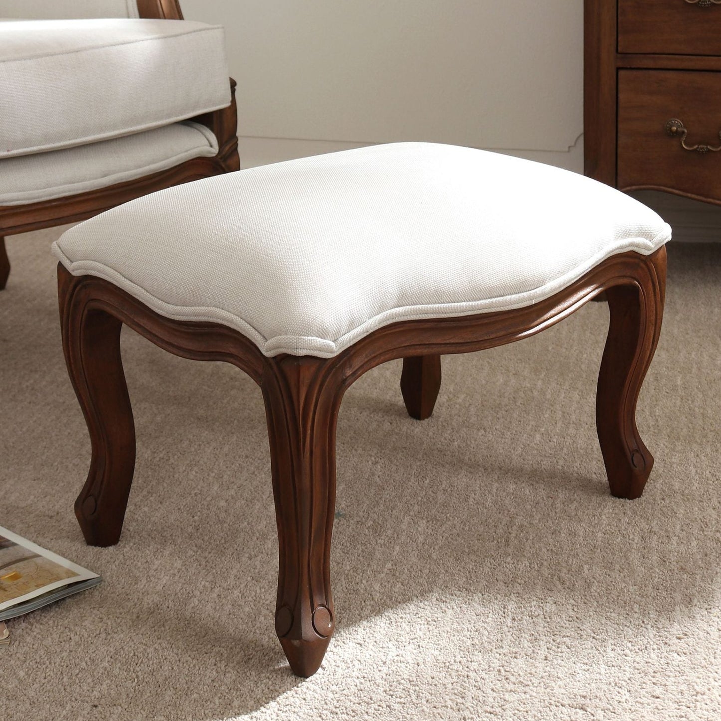 Laura Ashley Montpellier Upholstered Footstool with a classic French curved walnut frame