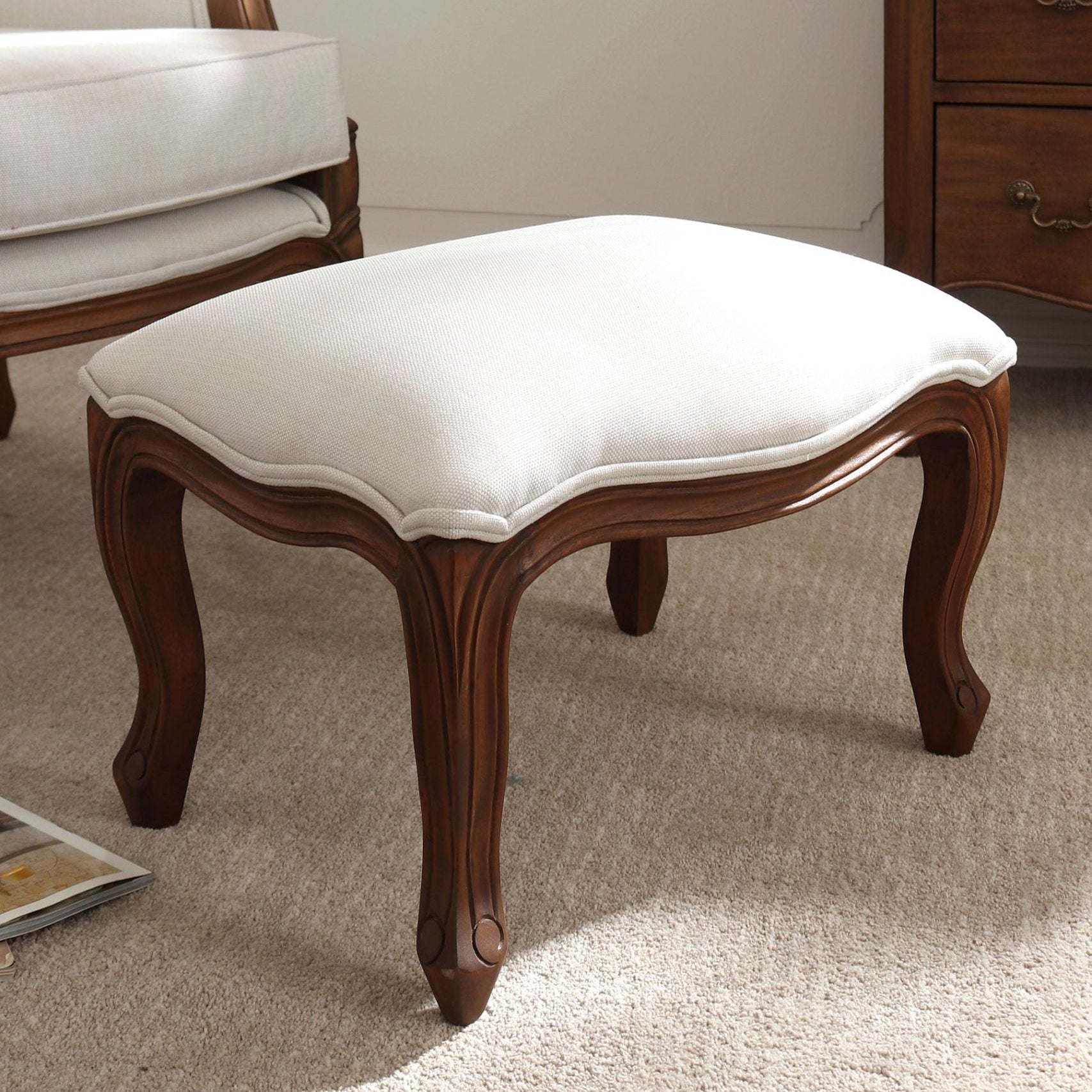 Laura Ashley Montpellier Upholstered Footstool with a classic French curved walnut frame