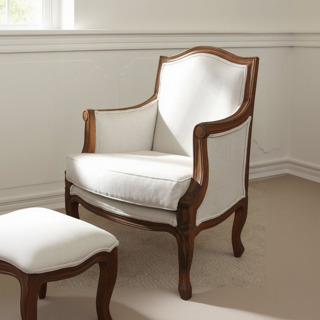 The Laura Ashley Montpellier lounge is made from walnut wood frame with curved French cabriole legs and a neutral fabric upholstery with matching items available