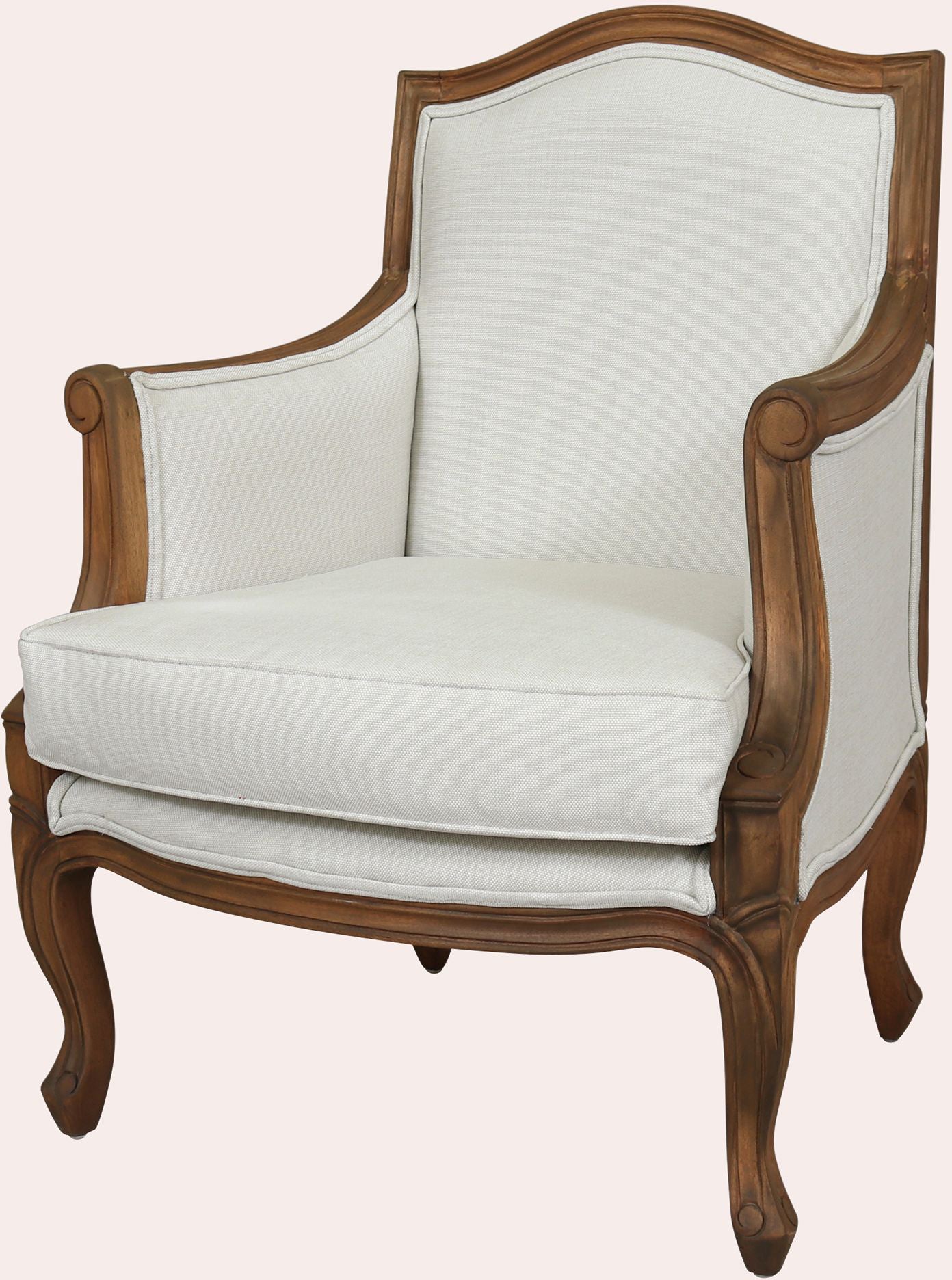 Laura Ashley Montpellier Lounge Chair features a neutral coloured upholstery and a walnut wood frame with curved French detailing