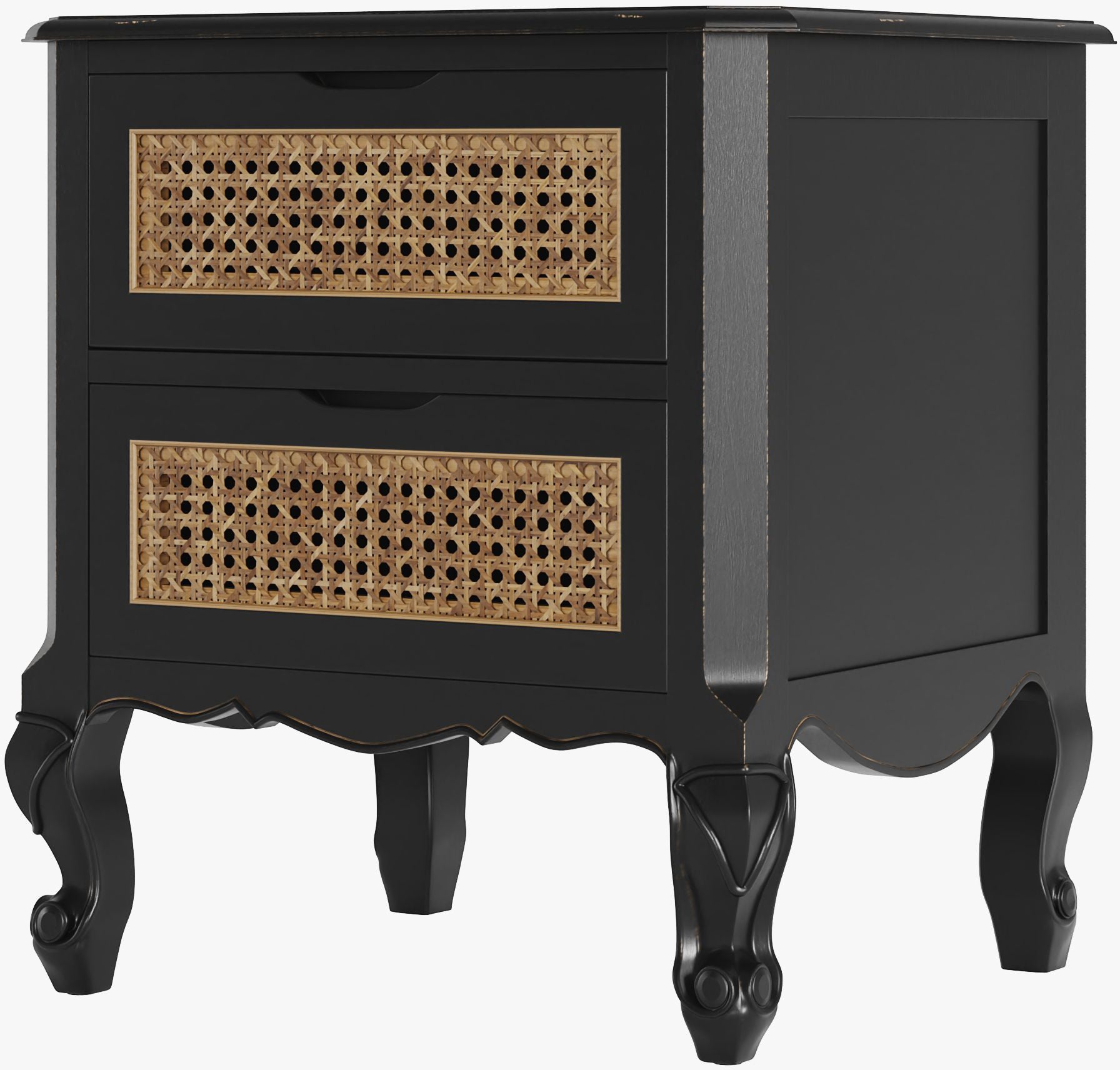Laura Ashley Montpellier 2 drawer bedside chest in black with rattan detailed drawer fronts 