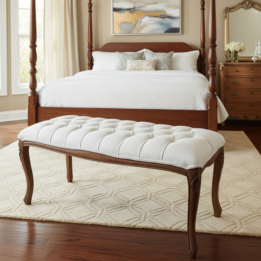 Laura Ashley Montpellier bedroom bench with upholstered seat, walnut frame and curved French cabriole legs.