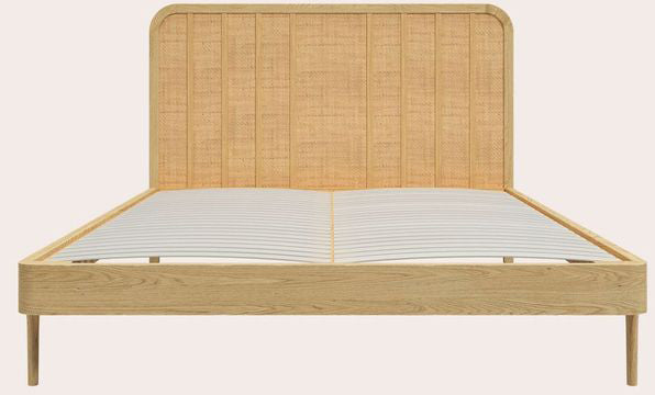 Laura Ashley Millen 4ft 6 double bed frame made from oak wood and veneers with a rattan headboard