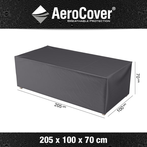 Lounge Bench Aerocover furniture cover measures 205cm x 100cm x 70cm and is made from breathable, water-resistant ripstop polyester, with drawstring stoppers for a secure fit