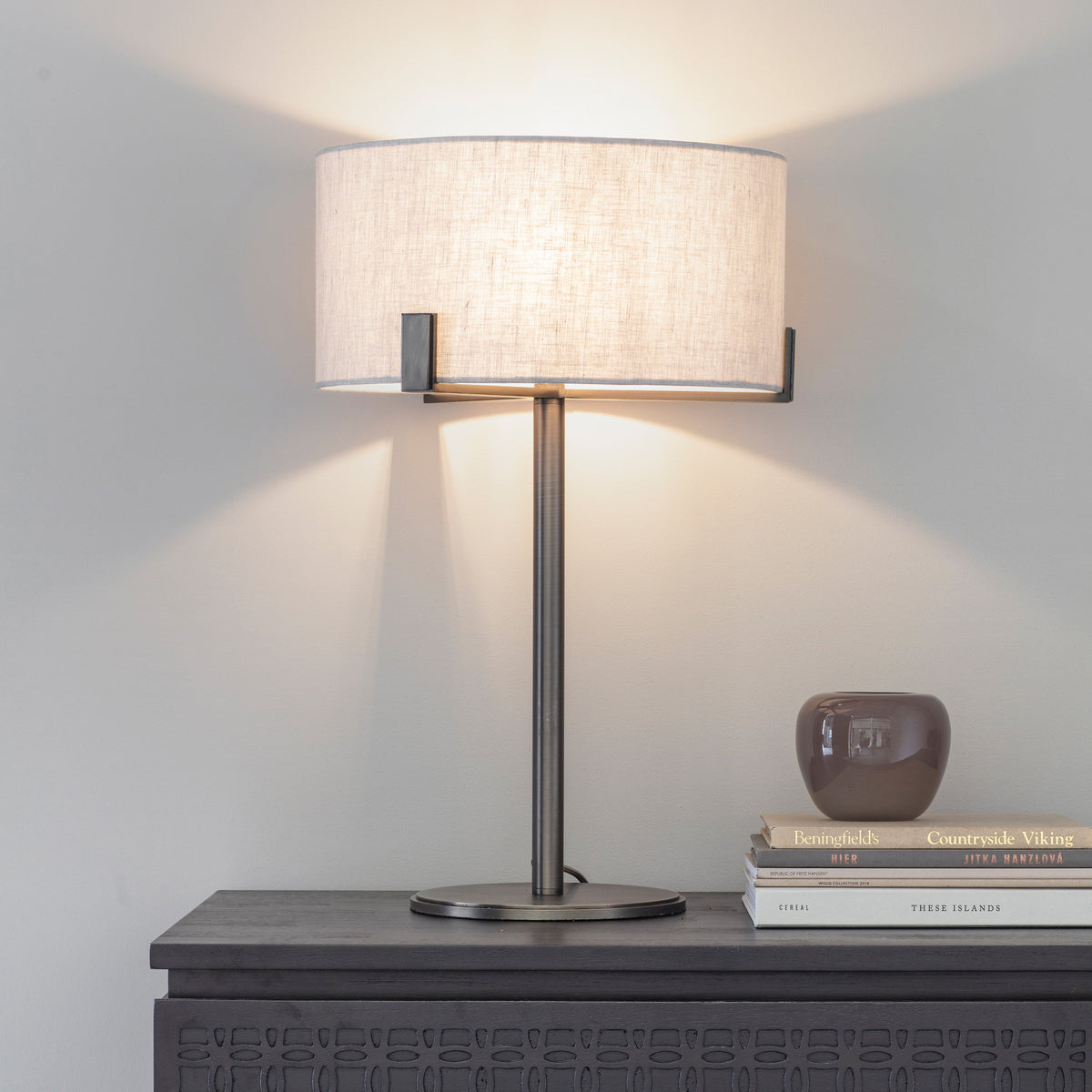 Gallery Direct Hayfield Table Lamp Bronze/Natural, styled in a room setting