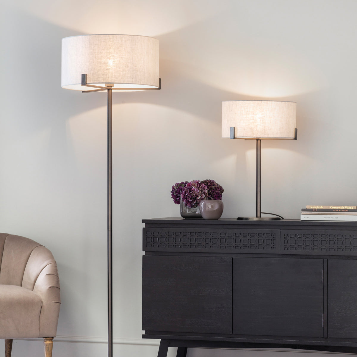 Gallery Direct Hayfield Floor Lamp Bronze/Natural, styled in a room setting
