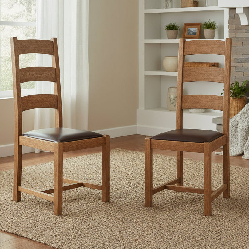 Pair of Carlton Furniture Rustic Manor Ladder Back Chairs with solid oak frame and dark brown padded seats 