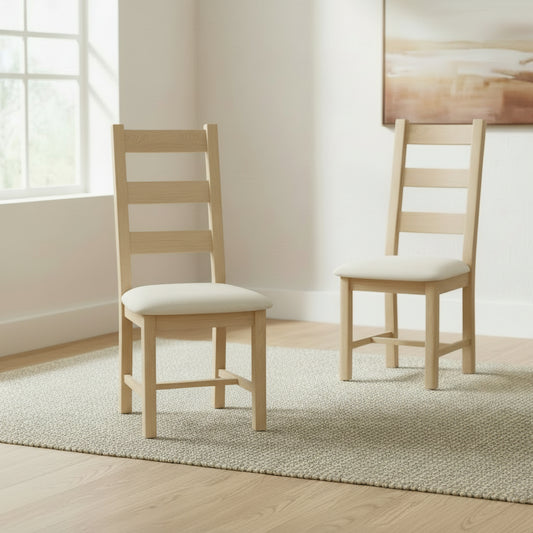 Pair of Papaya Foxington Ladder Back Dining Chairs in Natural Oak with upholstered seat