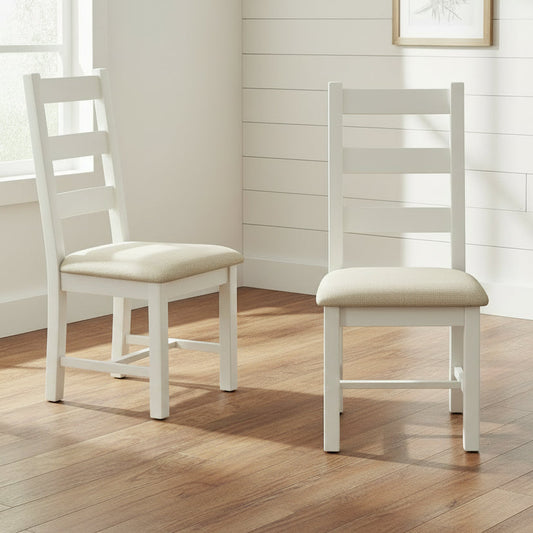 Papaya Foxington Ladder Back Dining Chairs in off-white painted colour with neutral coloured upholstered seat pad