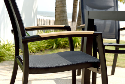 Panama 4 Seat Dining Set features a square table and 4 armchairs in black aluminium with wood-effect armrest detail and textilene fabric seat and back