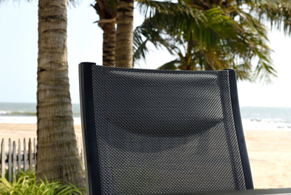Panama 4 Seat Dining Set in Black aluminium with a square table and 4 matching armchairs with textilene fabric seat and backrest