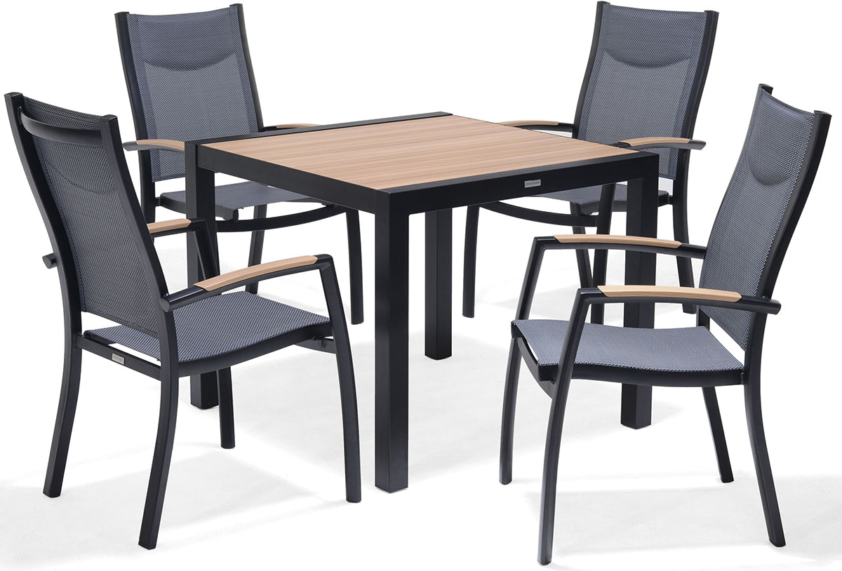 Panama 4 Seater Dining Set in Black aluminium with a wood-effect square table and 4 matching chairs with textilene fabric seats