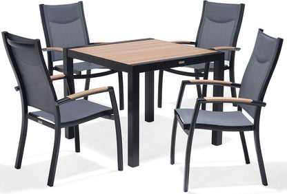 Panama 4 Seater Dining Set in Black aluminium with a wood-effect square table and 4 matching chairs with textilene fabric seats