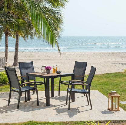 Panama 4 Seat Dining Set in Black aluminium with wood-effect table top and aluminium frame, and 4 matching chairs with textilene fabric seats