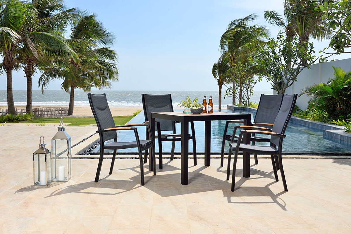 Panama 4 Seat Dining Set features a square table with aluminium frame and 4 matching armchairs with textilene fabric seat and backrest