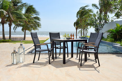 Panama 4 Seat Dining Set features a square table with aluminium frame and 4 matching armchairs with textilene fabric seat and backrest