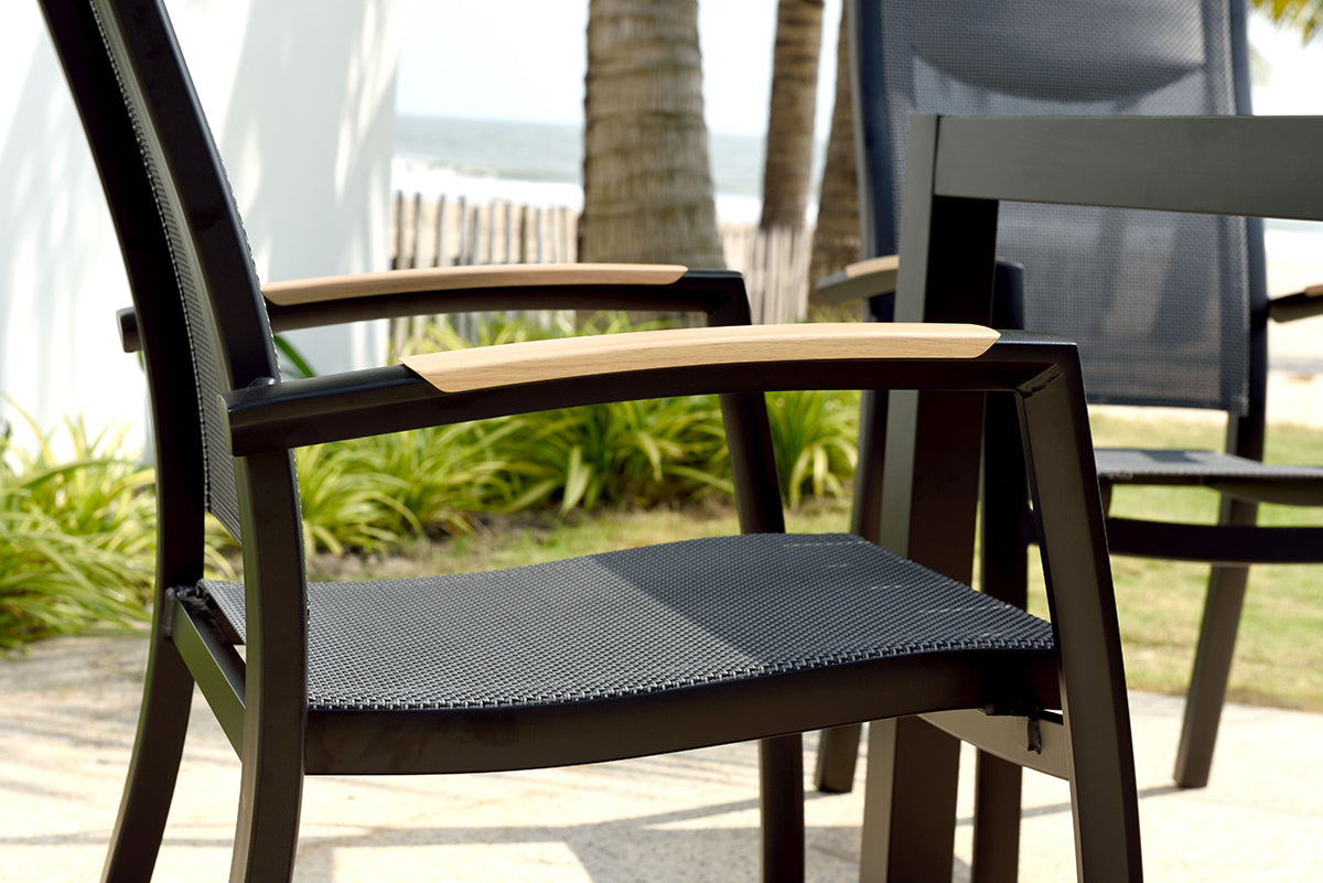 Panama 6 Seat Dining Set in Black aluminium with wood effect table top and armrest detail, and textilene fabric seat and backrest