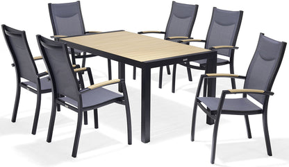 Panama 6 Seat Dining Set features a slatted wood-effect table top and black aluminium frame, with 6 matching armchairs in Black with textilene fabric seat