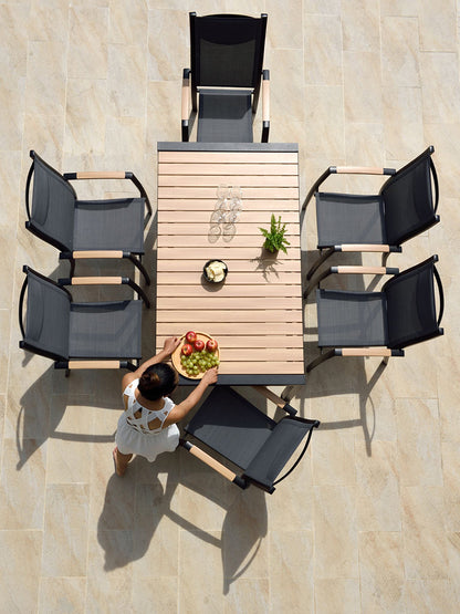 Panama 6 Seat Dining Set features a rectangular table with wood effect slatted top and aluminium frame, and 6 matching armchairs with textilene fabric seats 