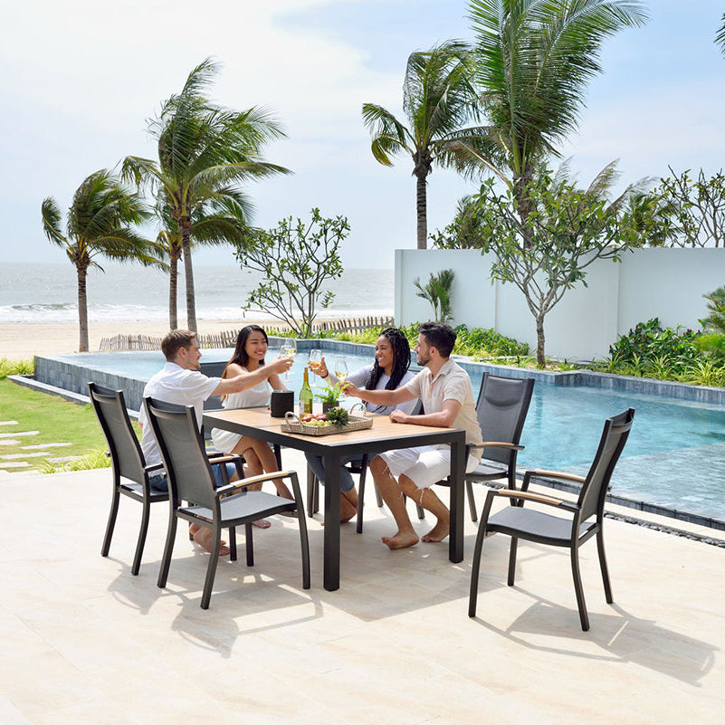 Panama 6 Seat Dining Set in Black aluminium with wood-effect table top and armrest detail to the matching armchairs