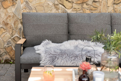 Panama Corner Set features a Black aluminium frame with wood-effect armrest detail and grey padded cushions