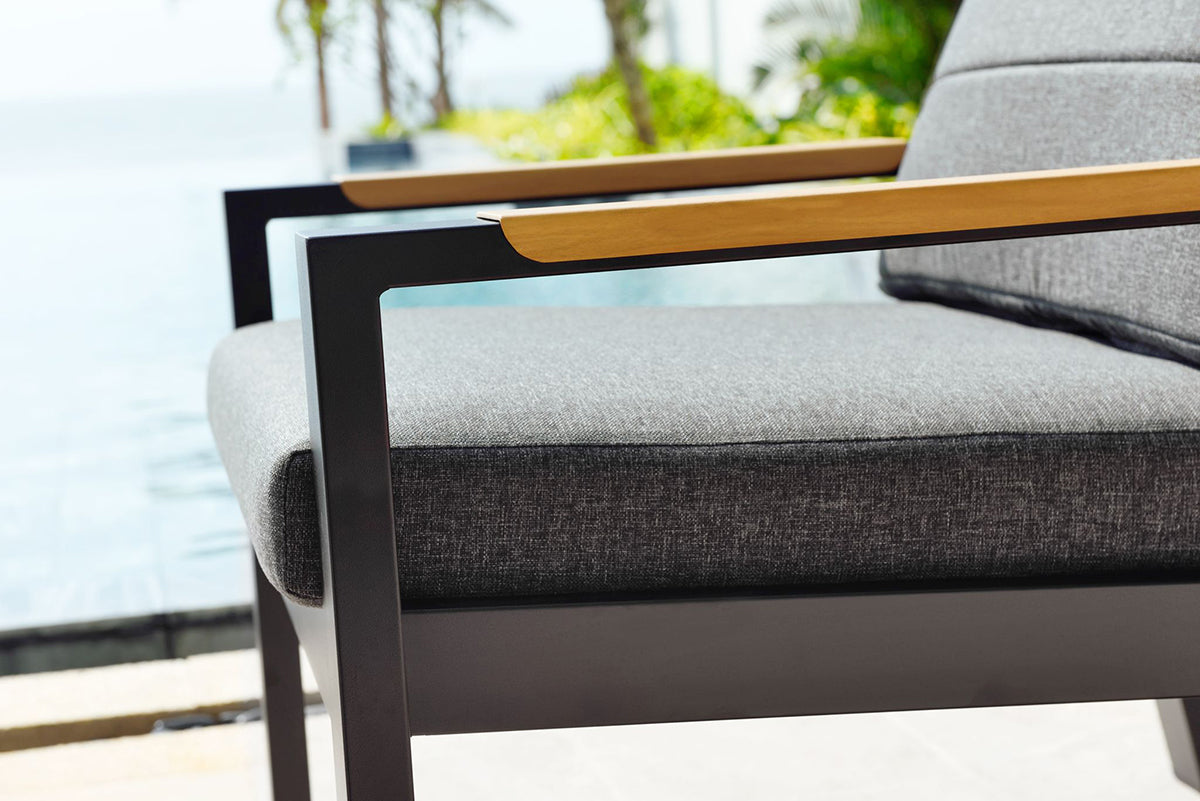 Panama Lounge Set in Black aluminium with wood-effect armrest detail and grey padded cushions