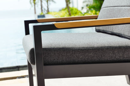 Panama Lounge Set in Black aluminium with wood-effect armrest detail and grey padded cushions