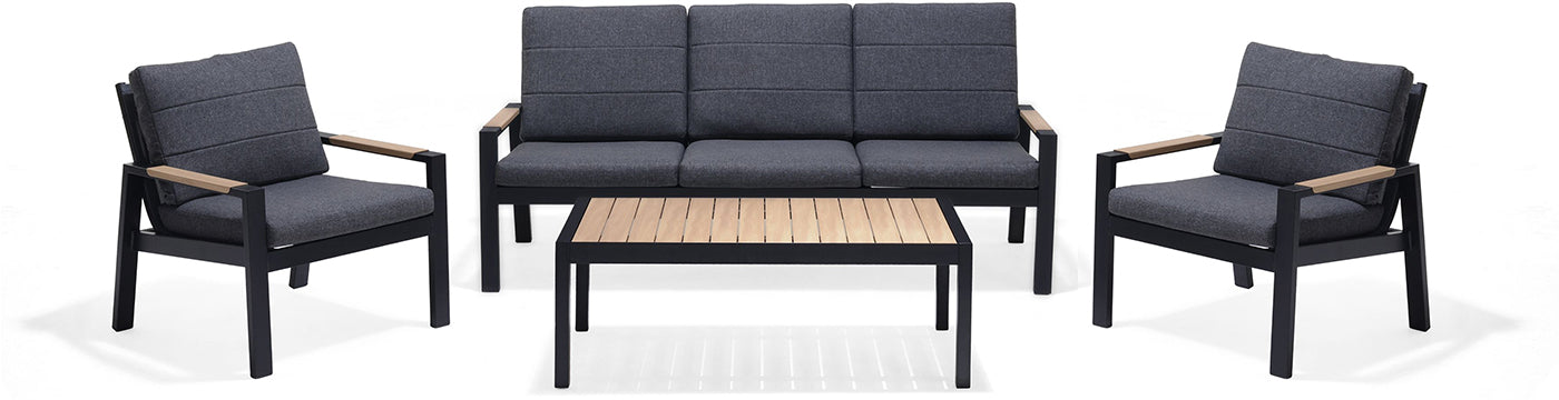 Panama 4 Piece Lounge Set, features a 3 seater sofa and 2 armchairs with black aluminium frame, wood-effect armrest details and grey padded seat cushions, with a matching slatted wood-effect top coffee table