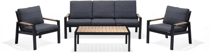 Panama 4 Piece Lounge Set, features a 3 seater sofa and 2 armchairs with black aluminium frame, wood-effect armrest details and grey padded seat cushions, with a matching slatted wood-effect top coffee table
