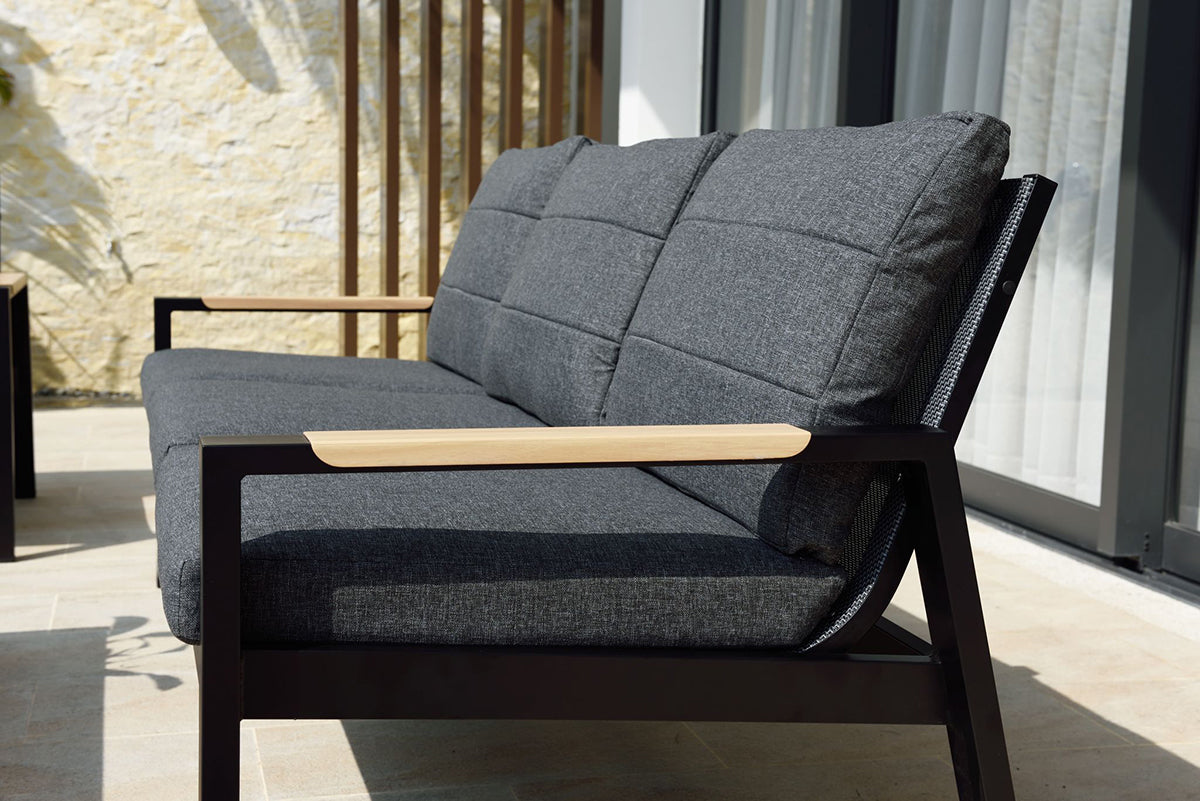Panama 4 piece Lounge Set in Black aluminium with grey cushions and wood-effect details