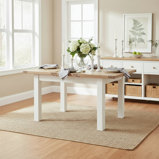 Papaya Foxington 120cm-153cm Extending Dining Table seat 4-6 guests when extended, in an off white painted wood with solid natural oak table top