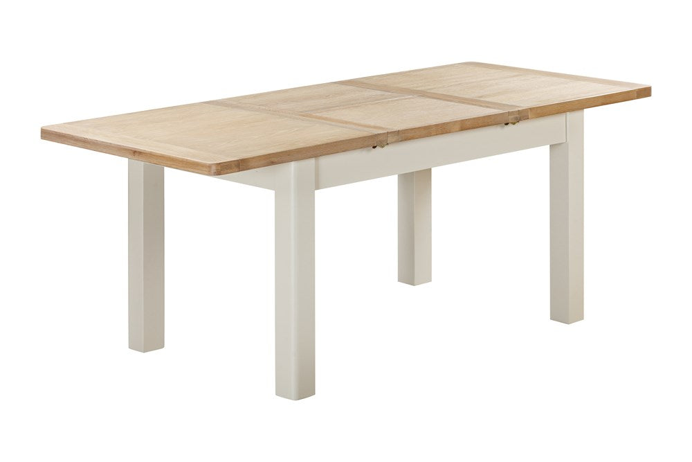 Papaya Foxington 140cm-200cm Extending Dining Table with butterfly extension mechanism that can accommodate 6-8 people. A natural oak wood table top contrasts the off white painted legs and frame