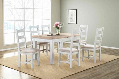 Papaya Foxington 140cm-200cm Butterfly Extending Dining Table in off white painted wood with a solid natural oak table top. Can seat 6-8 people when extended