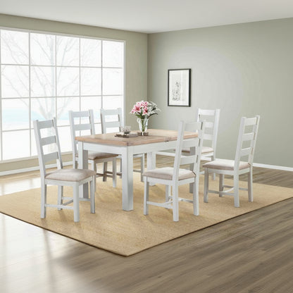 Papaya Foxington 140cm-200cm Butterfly Extending Dining Table in off white painted wood with a natural oak table top, can seat 4-8 people