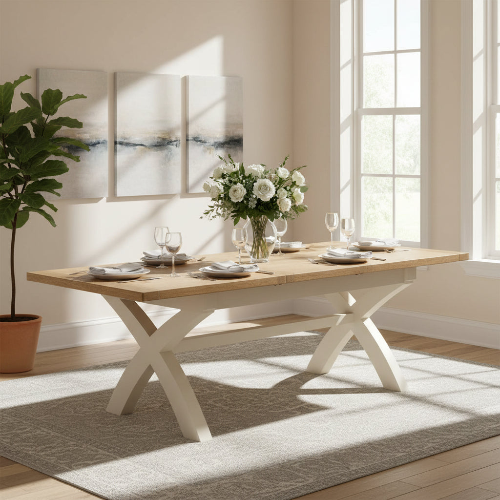 Papaya Foxington extending natural oak dining table top measures 180cm-240cm when extended and can seat 8-10 people, with a Cross Leg frame in an off white painted wood finish